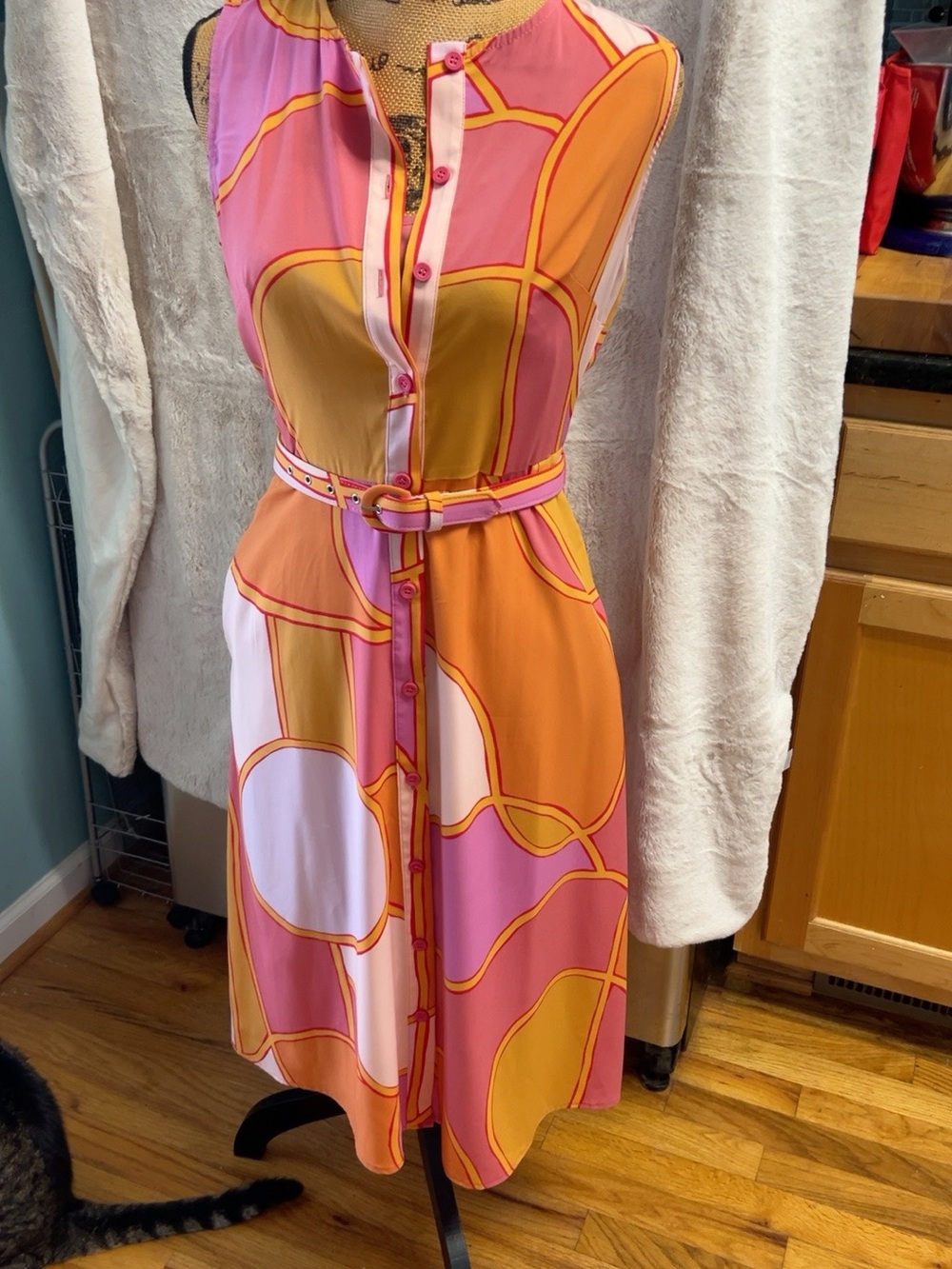 Donna Morgan Pink Orange Mod Print Belted Shirt Dress Size 2 w/pockets
